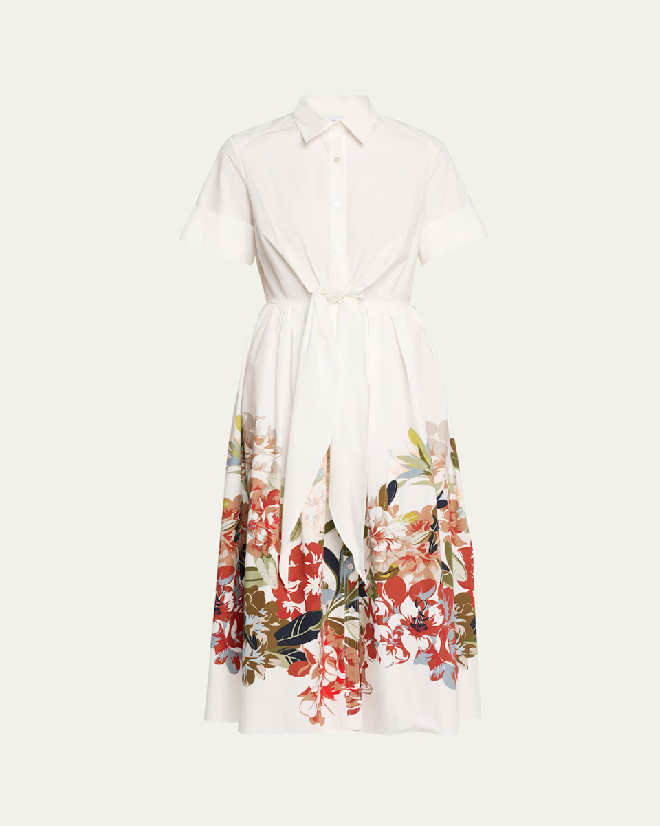 Attacher Printed Tie-Front Poplin Midi Dress